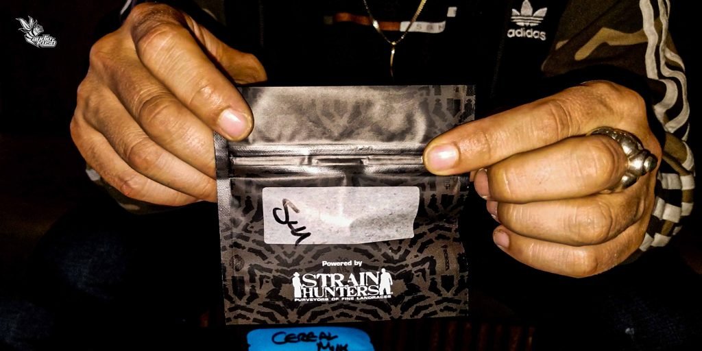 Cannabis packaged in mylar bags at Strain Hunters Coffeeshop in Amsterdam.